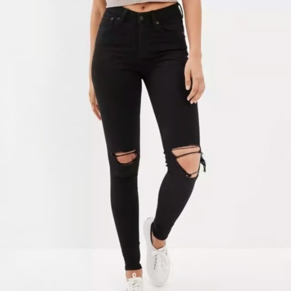 NWT American Eagle Women's High‎ V-rise Skinny Jegging Distressed Black 12 Long